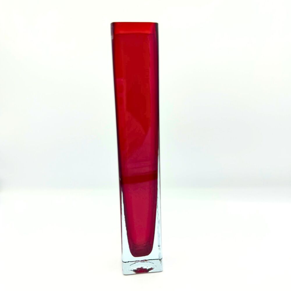 Vintage Cased Ruby Red Bud Vase Glass Square Glass Modern Minimalist Art Glass